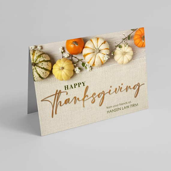 Thanksgiving card with pumpkins and floral design, customizable text area