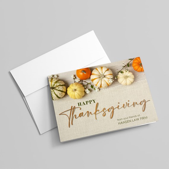 Thanksgiving card with pumpkins and flowers, customizable text area