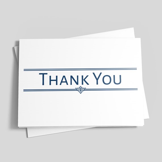 thank you card with navy text and lines