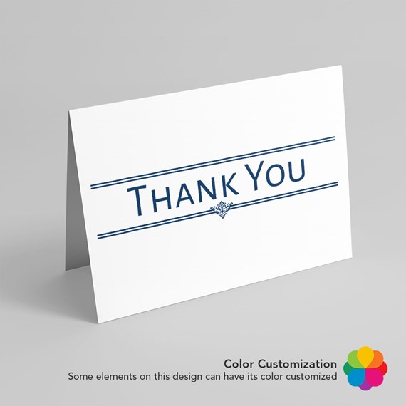 thank you card with navy text and decorative elements