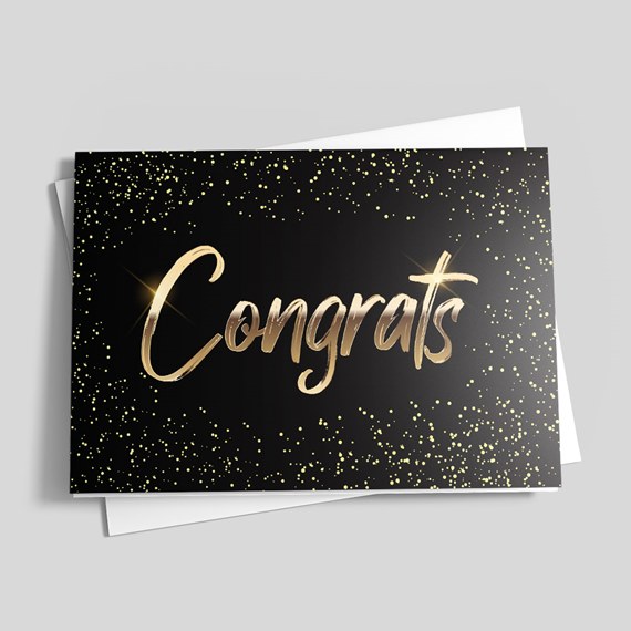 black card with gold glitter and 'Congrats' text