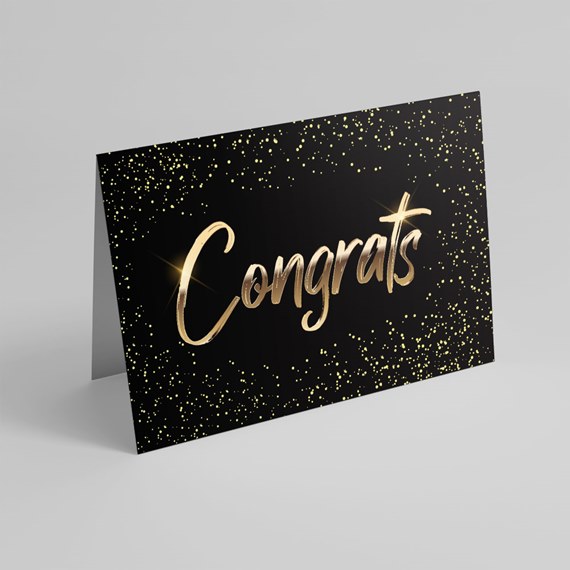black card with gold glitter and 'Congrats' text