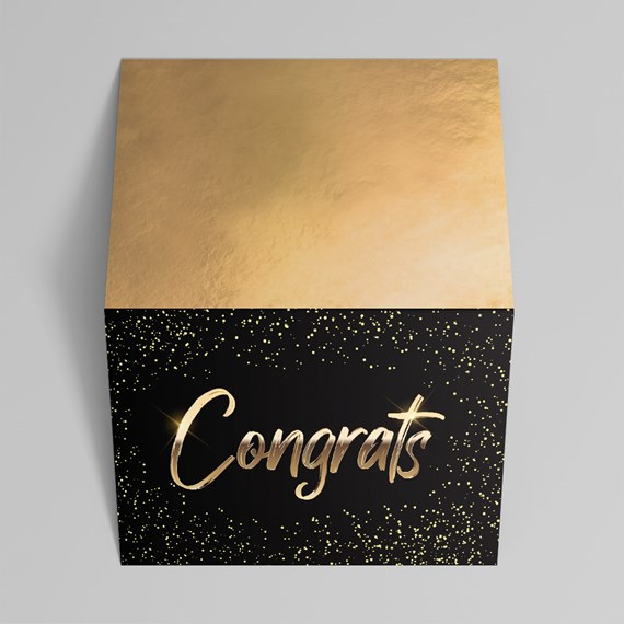 gold foil gift box with congrats text