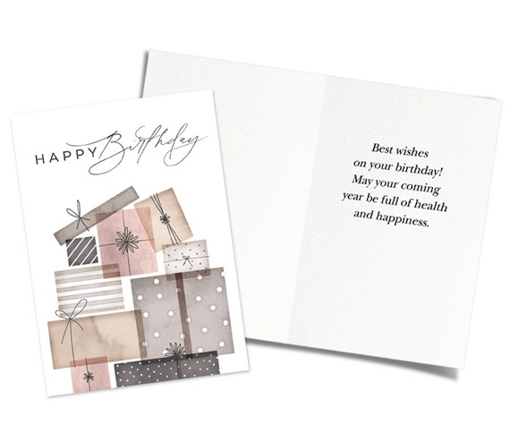 birthday card with gift boxes and text