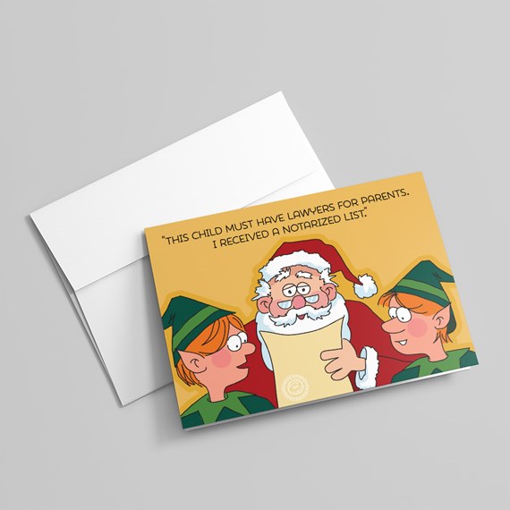 humorous holiday card with Santa and elves