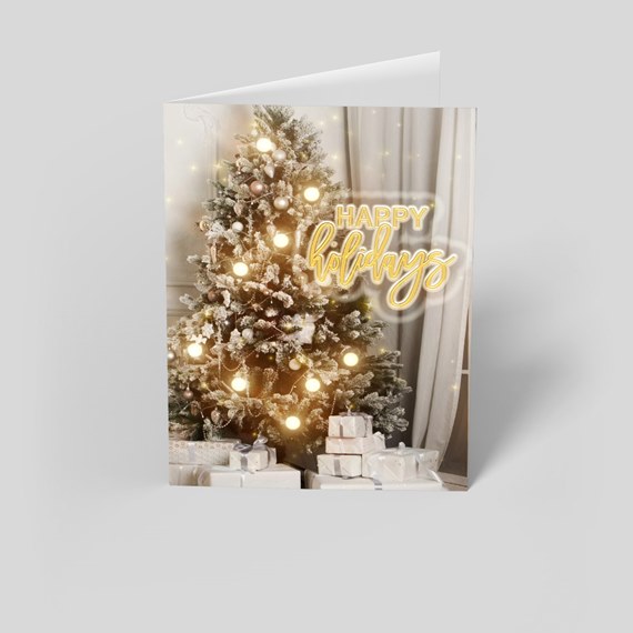 Christmas card with tree and gifts, text area