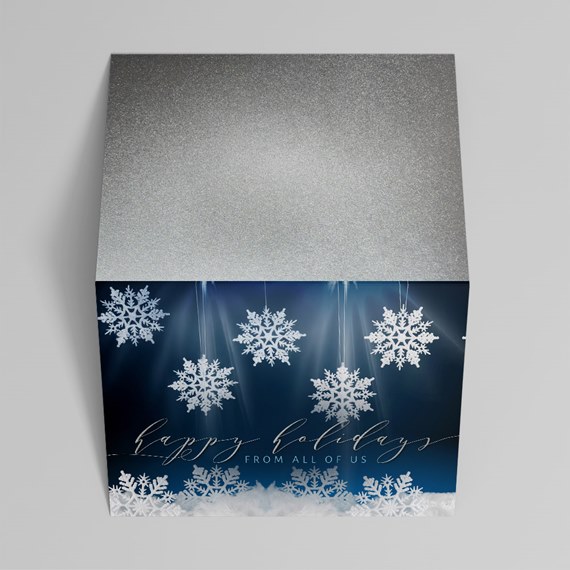 square holiday gift box with silver glitter lid and blue snowflake design