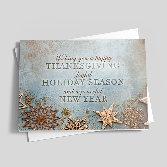 holiday greeting card with decorative snowflakes and text area