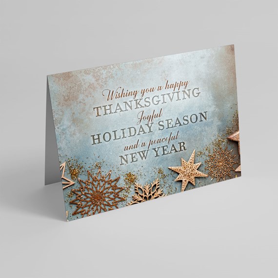 holiday greeting card with snowflakes and customizable text area