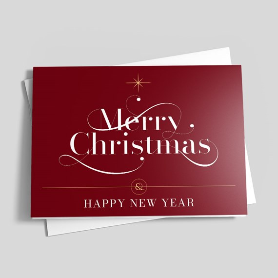 Folded burgundy Christmas card reading "Merry Christmas" and "Happy New Year" with white and gold lettering, shown with white envelope.