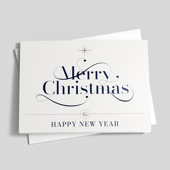 White folded greeting card with navy 'Merry Christmas' script and 'Happy New Year' text