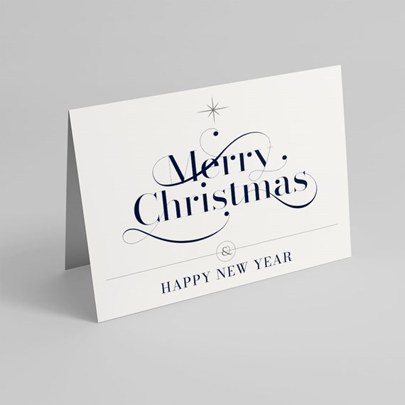 White folded holiday card with navy 'Merry Christmas' script and 'Happy New Year' text