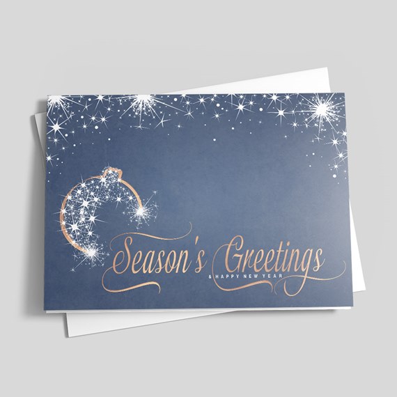 navy holiday greeting card with white star sparkles, gold script "Season's Greetings" and ornament graphic