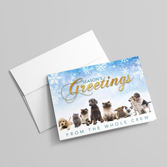 Season's Greetings holiday card with puppies and kittens, blue snowflake background, gold script text and white envelope
