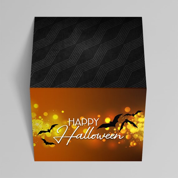 Halloween-themed greeting card with black patterned lid, orange front panel