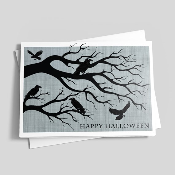 Halloween card with tree branch and ravens