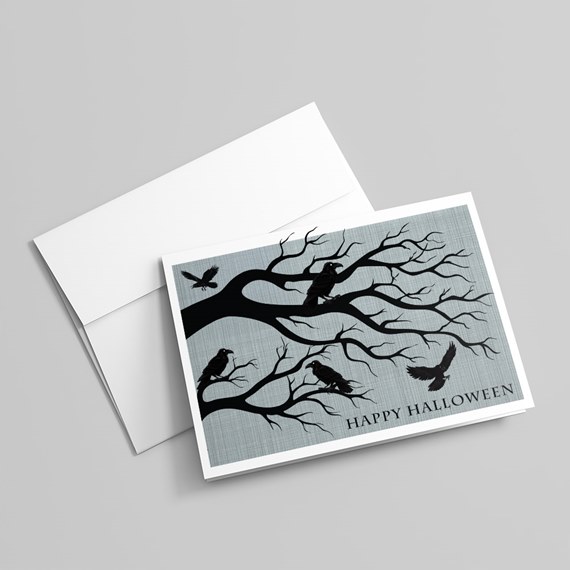 Halloween greeting card with tree and ravens