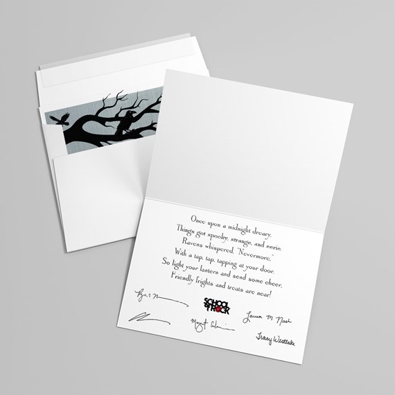 spooky themed card with raven design and text