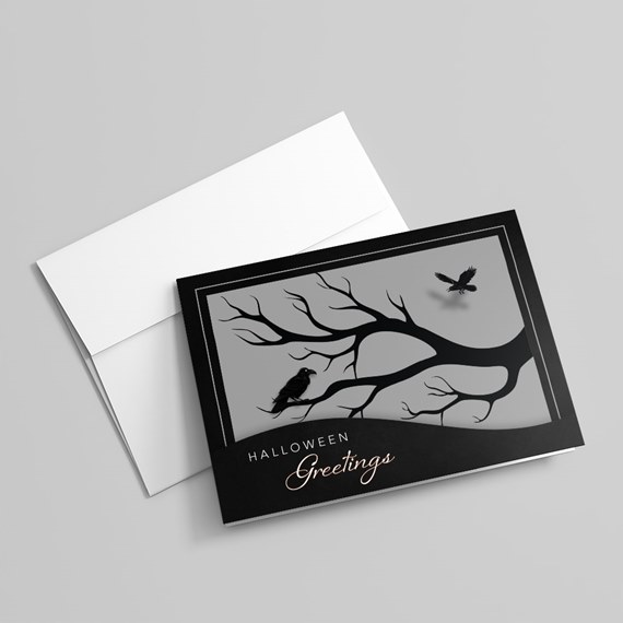 black greeting card with tree branch and ravens, customizable text area