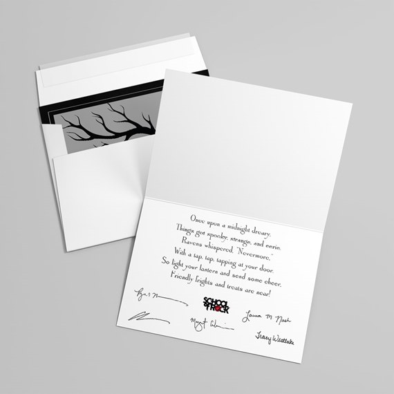 greeting card with spooky tree design and poem inside