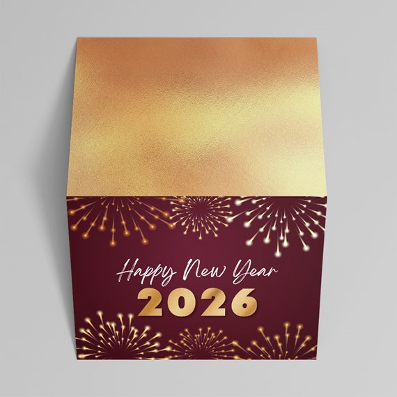 gold and maroon envelope with fireworks design, customizable text area