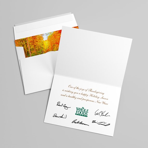 folded card with autumn scene and Thanksgiving message