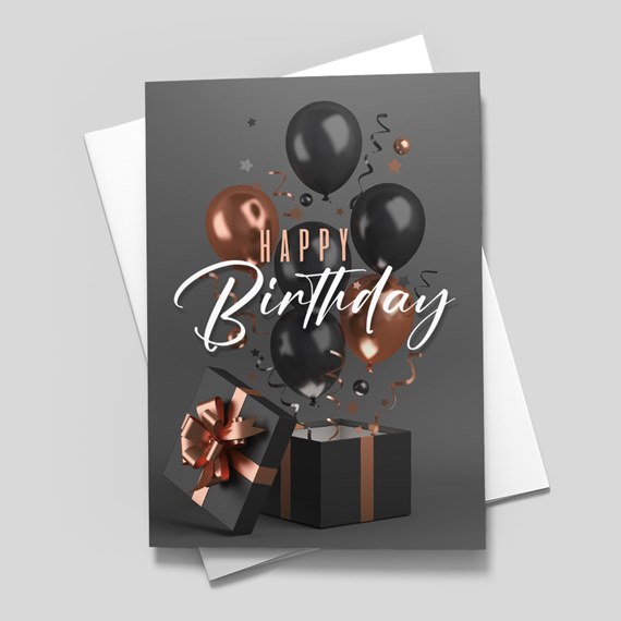 birthday card with balloons and gift box