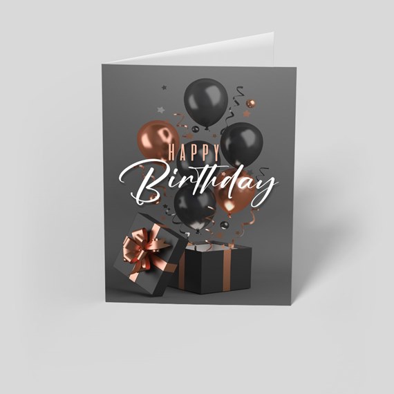 birthday card with balloons and gift box