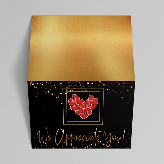 box with gold top and black sides, red heart design, customizable text area