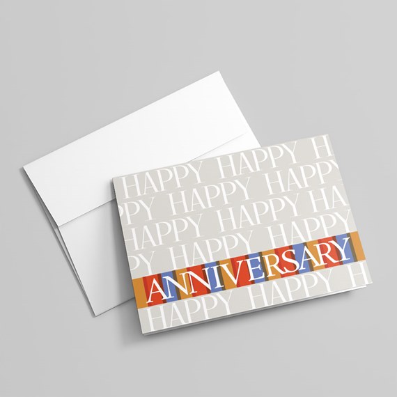 greeting card with anniversary text and colorful design