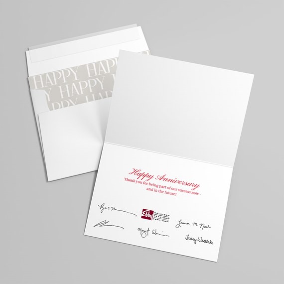 anniversary card with white envelope and beige interior