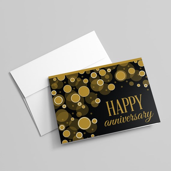 anniversary card with gold circles and text