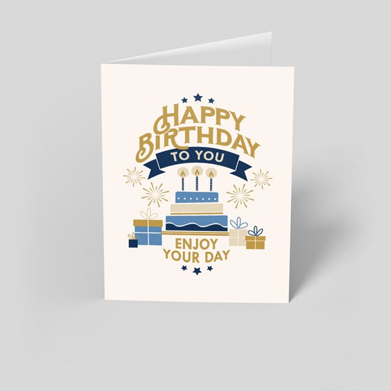 birthday card with cake and gifts
