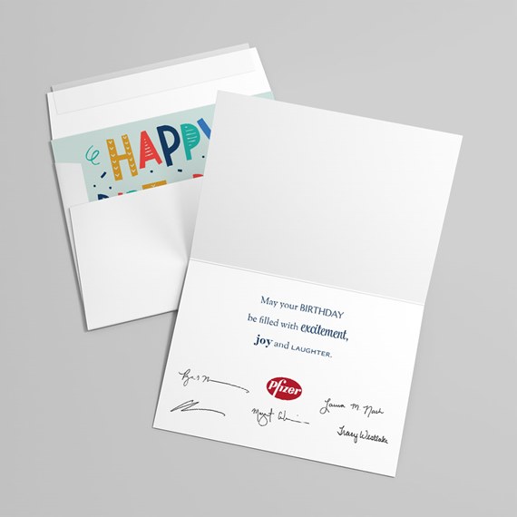 birthday card with colorful text and logo placeholder