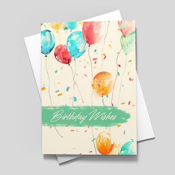 birthday card with balloons and confetti, customizable text area
