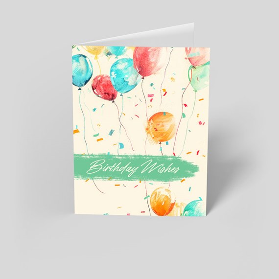 birthday card with balloons and confetti, customizable text area