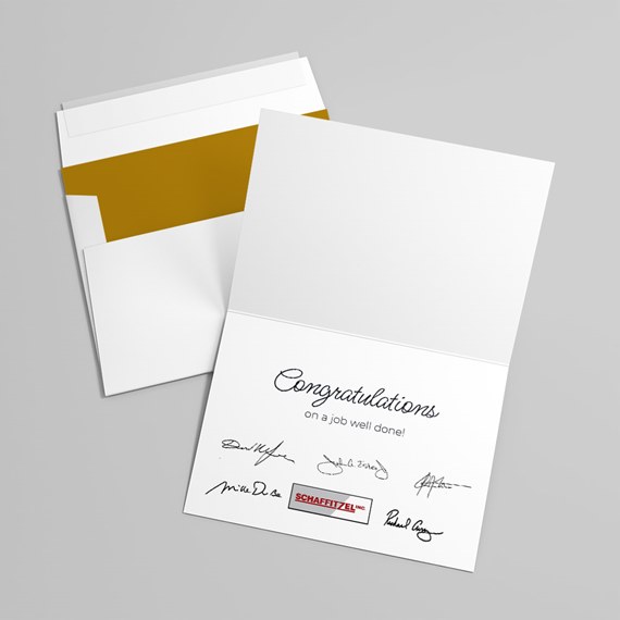 greeting card with congratulations text and signatures, gold envelope interior