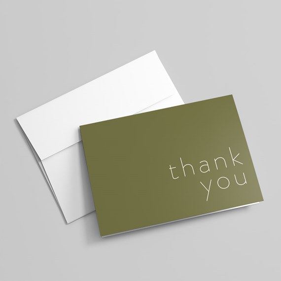 olive green thank you card with white text, includes envelope