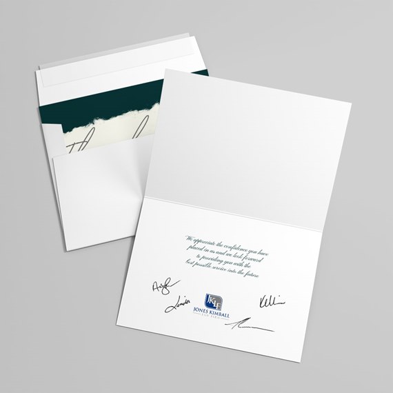 greeting card with teal border and printed message