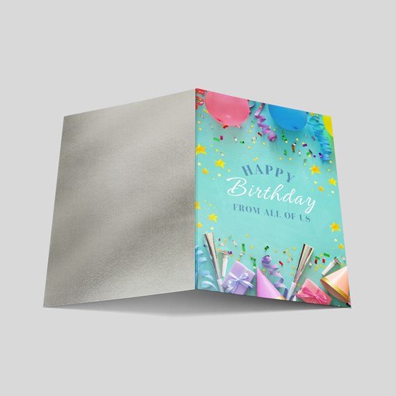 birthday card with teal background, balloons, and party hats