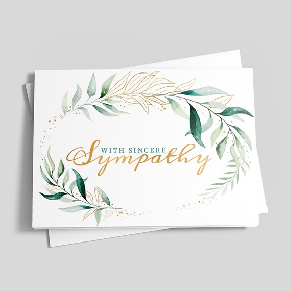 greeting card with leaves and gold text, photo area