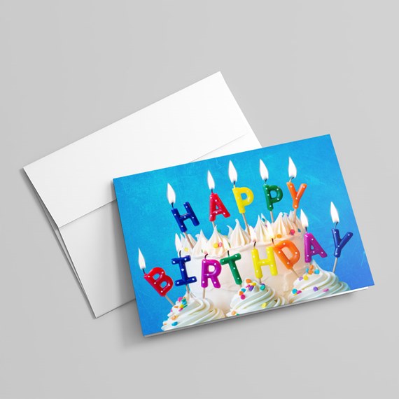 birthday card with cake and candles, photo placeholder