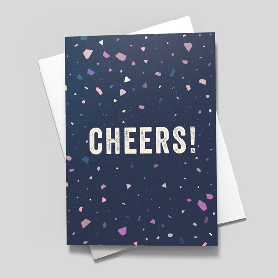 greeting card with colorful confetti and cheers text