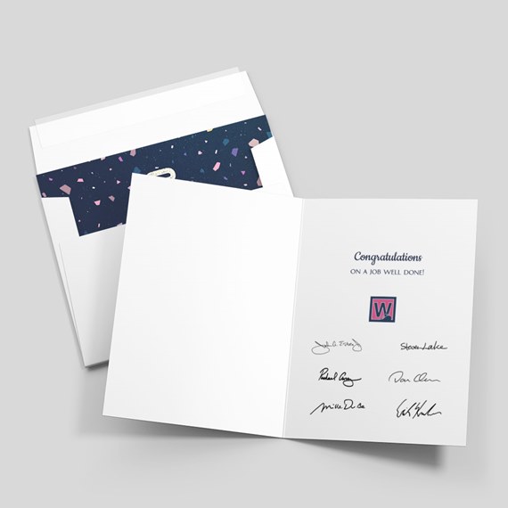 greeting card with congratulations message and signatures