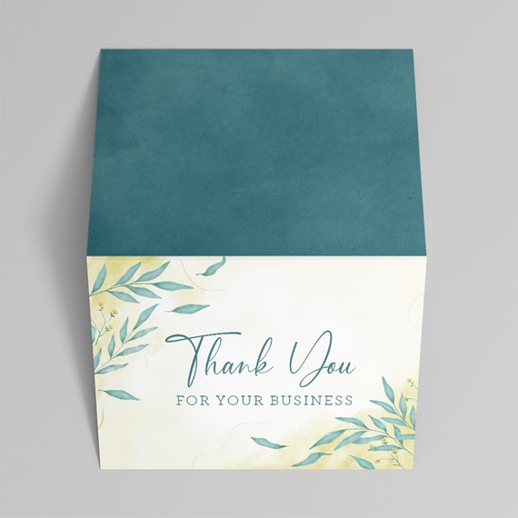 thank you card with teal and white design, photo area