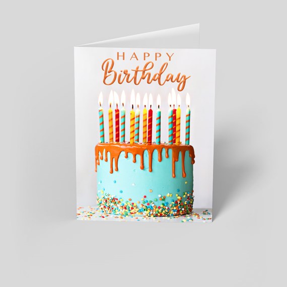 birthday card with blue cake and candles