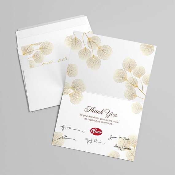 thank you card with gold leaf design and customizable text area
