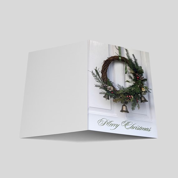holiday card with wreath and bells, customizable text area