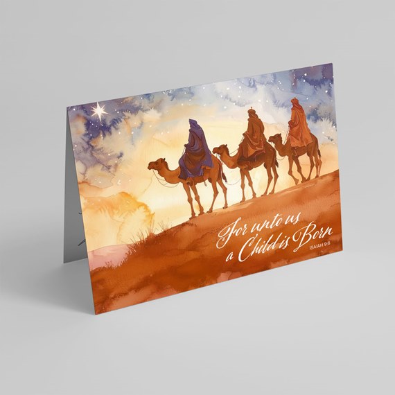 watercolor illustration of camels with riders, scripture text