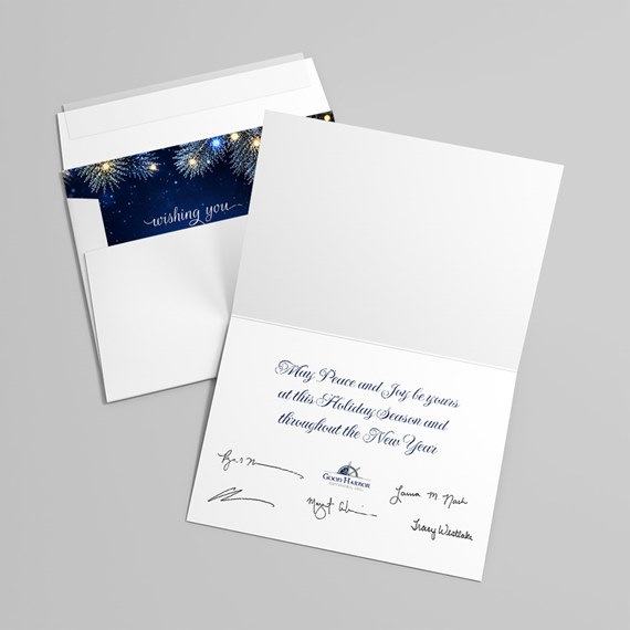 greeting card with navy blue fireworks design and text